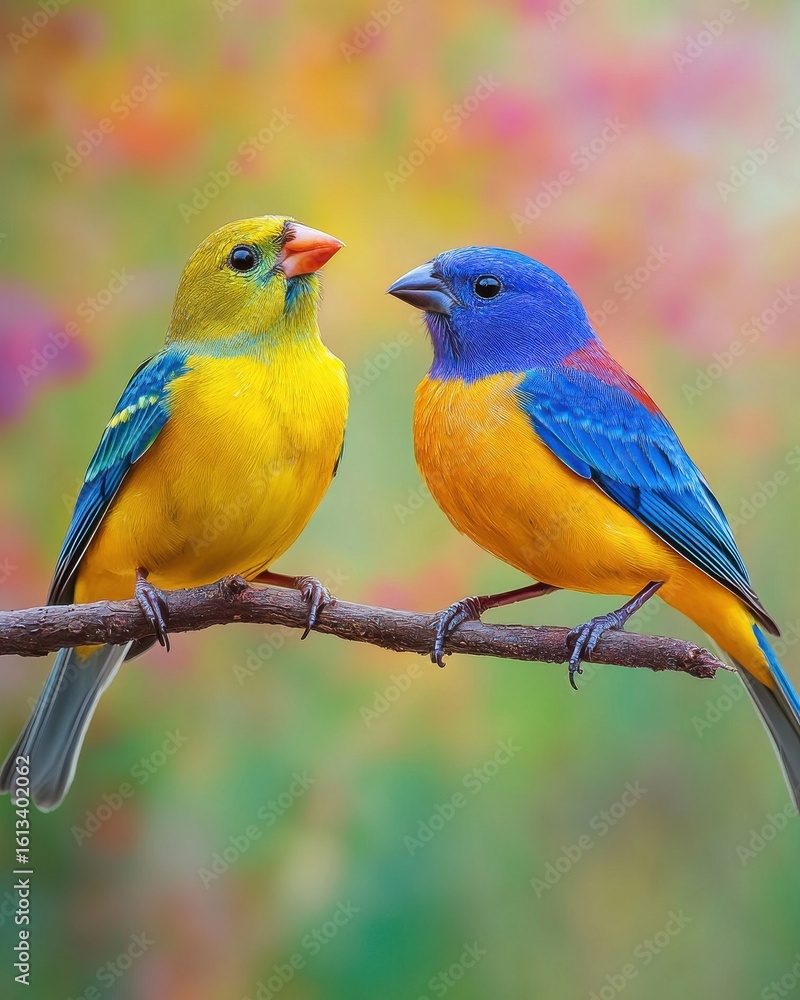 Fototapeta premium A vibrant duo of colorful songbirds perched on a branch, showcasing nature's beauty in a blurred floral backdrop.
