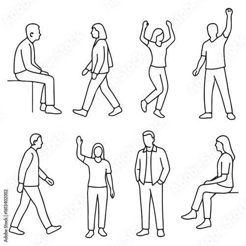 Set people outlines isolated on white background. Sitting, walking, dancing, etc. vector silhouette