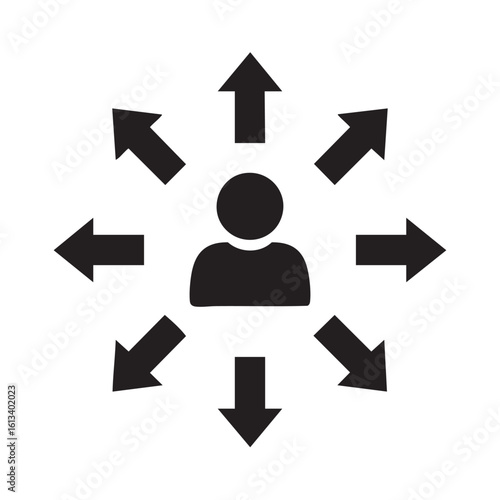 Person with radiating arrows indicating directions and choices silhouette