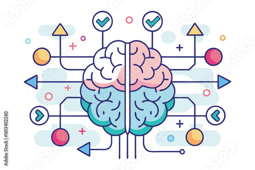Human brain represented as a central hub with ideas and decisions in a modern flat design
