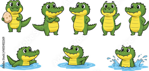 Cute Cartoon Crocodile Characters in Various Water Poses and Expressions – Playful Reptile Clipart for Kids and Educational Use