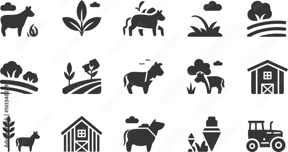 Fototapeta premium A collection of farm related icons including cows fields and farm buildings
