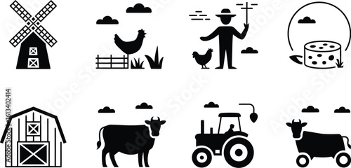 Farm icons featuring windmill, chicken, farmer, cheese, barn, cow and tractor