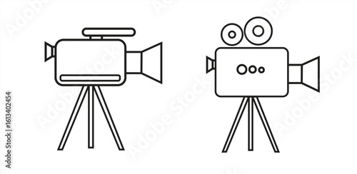 Line video camera icon, flat design style, vector illustration.

