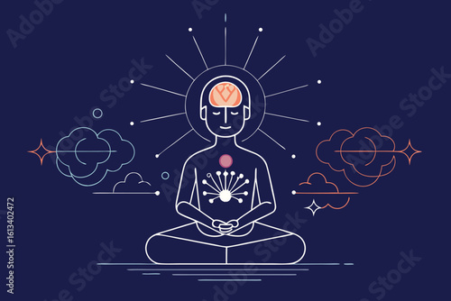 Spiritual enlightenment meditative state illustration depicting peace mindfulness and inner energy on dark blue background