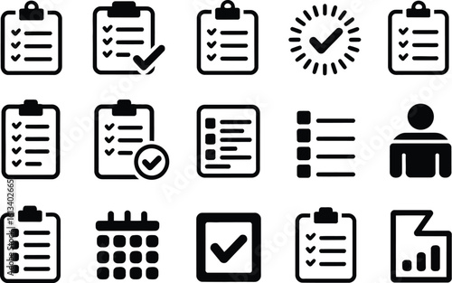 Various black and white checklist and task icons arranged on a white background