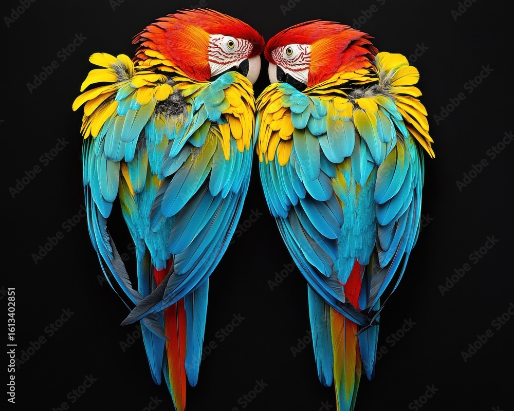 Obraz premium Two vibrant macaw parrots face each other, their vivid feathers in shades of blue, yellow, and red creating a striking contrast.