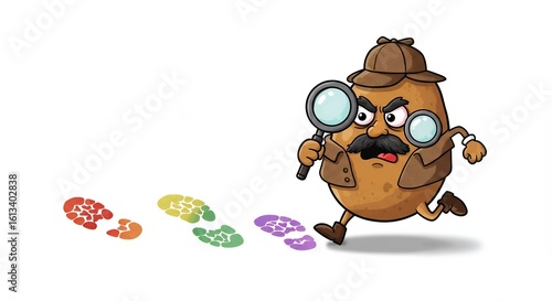 Cartoon potato detective looking at footprints
