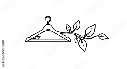 Abstract line art of a clothes hanger growing into a leafy vine, symbolizing sustainable fashion. Vector icon for retail.