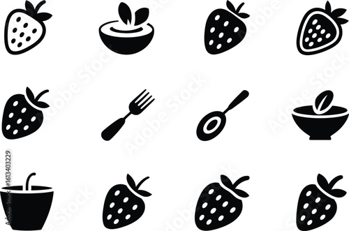 Twelve black and white icons depicting strawberries, bowls, and silverware set