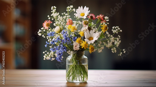 Wallpaper Mural Photo of a charming bouquet of colorful wildflowers in a glass vase sits on a wooden table indoors Torontodigital.ca