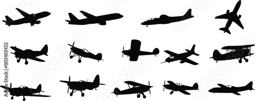 Silhouettes of various airplanes and aircraft, military and civilian planes, vintage and modern planes in flight and side views