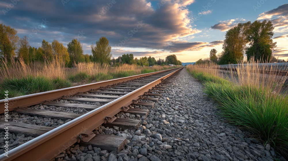 Fototapeta premium Rustic railway track stretches through countryside with dramatic sky, green grass, and trees at sunset, evoking peaceful solitude