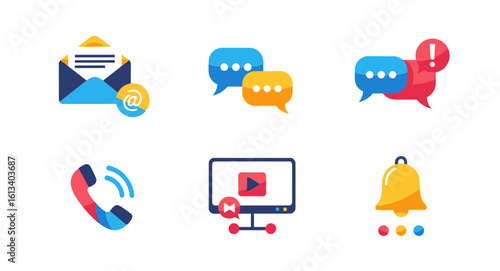 Communication Icons Email, Chat, Phone, Video Playback, and Notification Bell