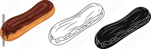 Chocolate eclair vector illustration set pastry dessert sweet treat bakery design icon 86