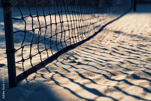 A close-up view of a beach volleyball net casting shadows on the sandy surface at sunset.