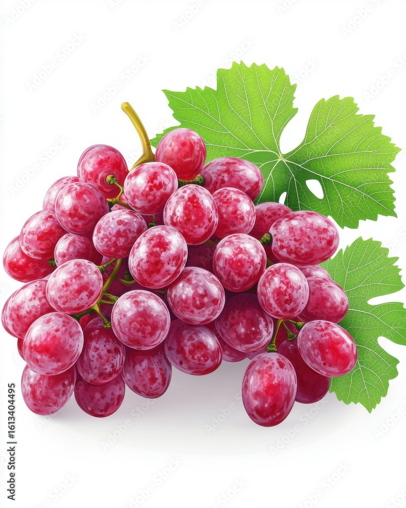 Fototapeta premium A vibrant cluster of fresh red grapes showcasing their rich color and natural sheen, accompanied by green leaves.