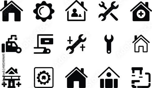 A collection of black and white icons including houses, tools, and machinery