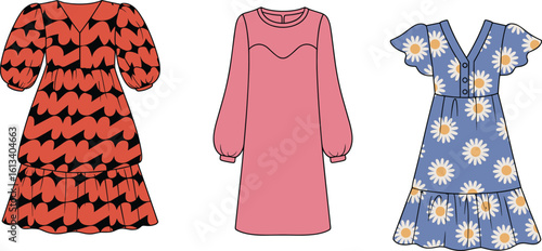 Trendy short and midi dresses front view cad drawing, floral and geometric prints, vector fashion flat sketch illustration design