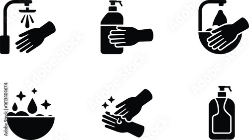 Various black and white icons depicting hand washing and sanitization methods