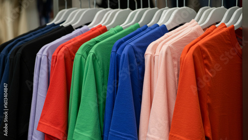 Wallpaper Mural Mix of t-shirts and casual tops on hangers, colorful fabric variety, relaxed style Torontodigital.ca