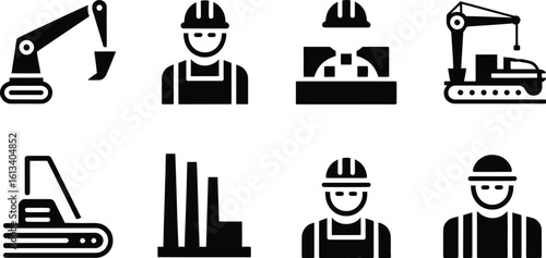 An assortment of construction and industrial icons in a black and white layout