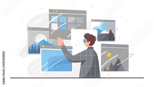 Man interacting with multiple floating windows displaying various images and graphics artfully designed
