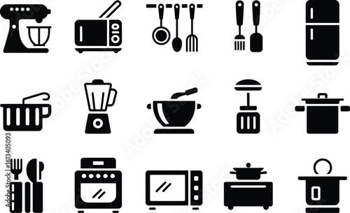 A collection of kitchen appliances and utensils displayed in a vector format