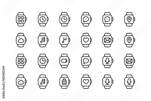 Smartwatch Interface Icons Set Vector Illustration Displaying App Notifications, Time, Cloud Data, Heart Rate, Battery Life, and Location on a Modern Wearable Device
