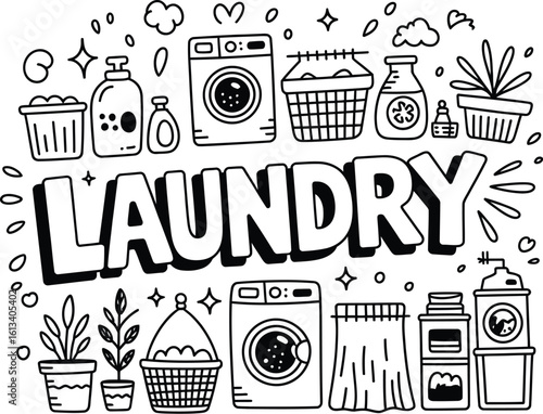 Doodle style illustration of laundry room items with the word laundry in bold