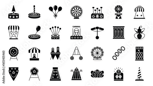 Carnival game attractions in black and white vector icons illustrating a fun fair amusement park theme for posters and designs