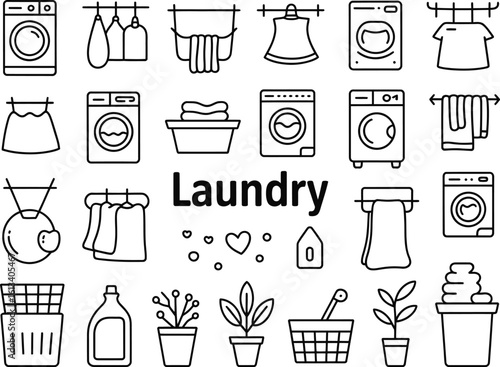 A collection of laundry related icons including washing machines and plants line art