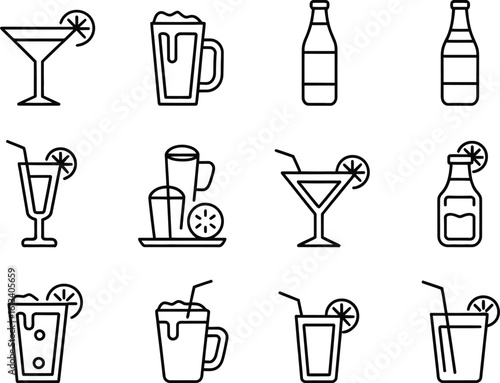 Various beverage icons including cocktails beer and bottled drinks in line art style