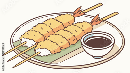 Delicious japanese ebi fry tempura shrimp skewers with dipping sauce on plate tasty food illustration
