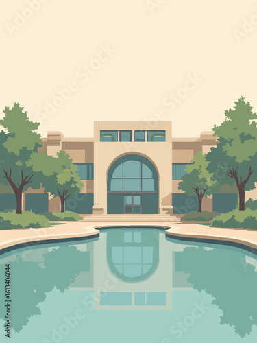 Skokie, IL – North Shore Center facade and reflection pond in facade beige, pond teal, glass gray, and sky white