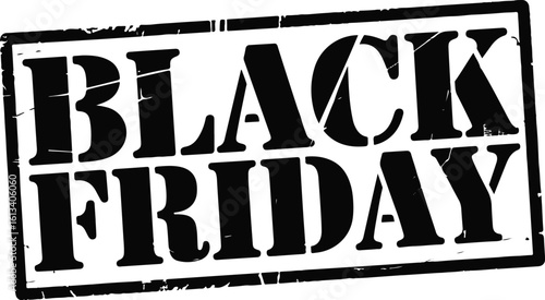 A distressed black rectangular stamp boldly announces Black Friday against a pure white background
