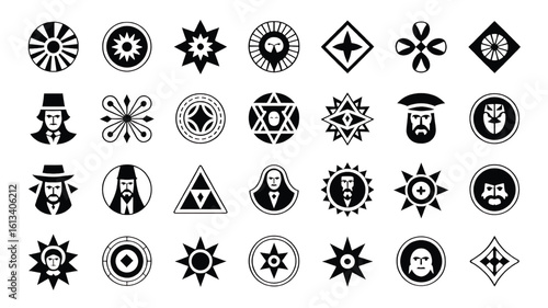 Collection of black and white heraldic symbols and minimalist logo design elements representing people objects and celestial bodies on a clean background