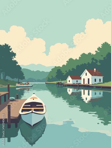 Waltham, MA – Charles River canoe club and boat houses in boat white, river green, dock brown, and sky pastel