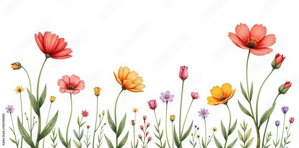 Fototapeta premium Delicate wildflowers, single line drawing, isolated on white , aesthetic, simple