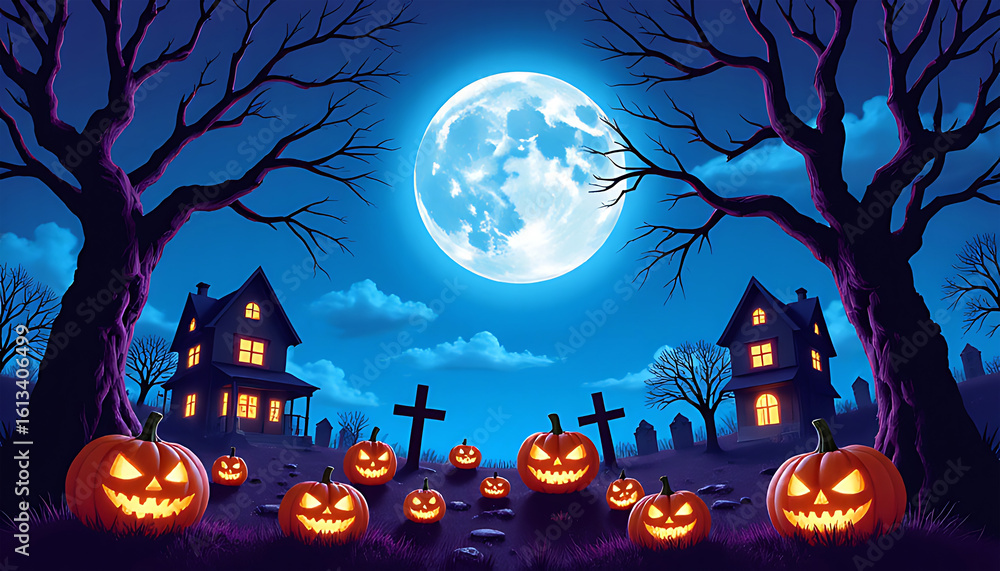 Fototapeta premium Spooky halloween night scene with jack o lanterns and haunted houses under a full moon