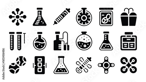 Black and white science laboratory equipment icons showcasing various experiments chemical reactions and technological devices for scientific research