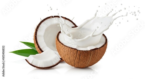 Coconut milk splash in a half coconut