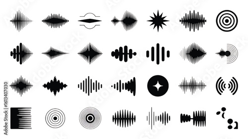 Collection of Abstract Sound Waves and Audio Visualizations Representing Technology and Digital Communication in a Modern Design