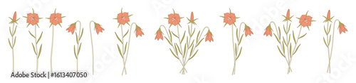 Bright set of bell bouquets. Bunches of blooming wildflowers, perennial wild plants. Botanical hand-drawn elements for design projects. Vector illustration