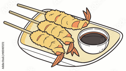 Delicious shrimp tempura skewers with soy sauce dipping bowl japanese cuisine seafood appetizer illustration