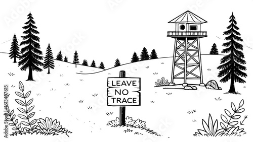 Flat 2D black-and-white doodle illustrations of national park landmarks and signs, such as trail markers, lookout towers, scenic viewpoints, and "Leave No Trace" signs. All rendered with clean lines a