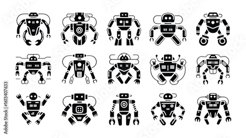 Collection of diverse and stylized robots in black and white designs for technology and futuristic concepts illustration