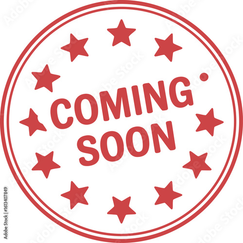 A red coming soon stamp with stars around the edge on a white background