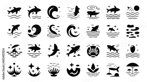 Collection of black and white ocean animal and nature icons representing marine life and environmental concepts featuring sharks dolphins waves and underwater flora