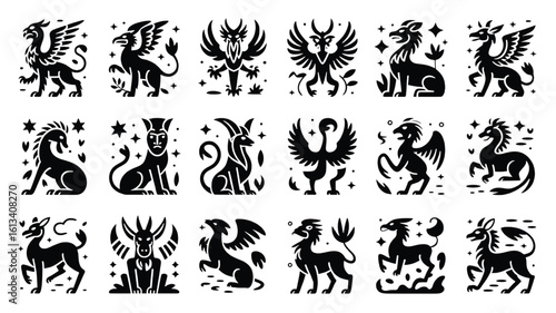 Collection of Mythical Creatures Black and White Vector Silhouettes featuring Griffins Sphinxes and other Fantastic Animals in a Grid Layout